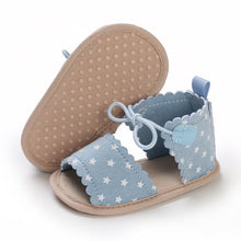 Load image into Gallery viewer, Adorable and stylish, Roma blue stars sandals come in a variety of colors to keep your little one looking adorable. Perfect for newborns and toddlers up to 18 months old, these sandals are sure to complete any outfit.  Upper Material: PU Leather Outsole Material: Cotton Heel Type: Flat 
