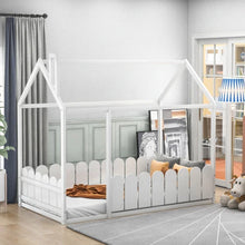Load image into Gallery viewer, The white house bed frame is the perfect solution for a child&#39;s bedroom. Crafted from sturdy pine wood, it provides a secure and semi-enclosed space to play and sleep. The fence offers extra privacy and protection, allowing kids to enjoy the comfort of a safe and secure bed. The solid construction ensures long-lasting durability and stability.
