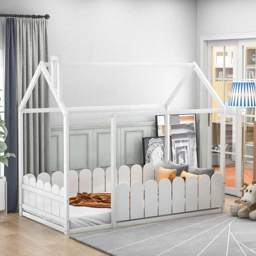 The white house bed frame is the perfect solution for a child's bedroom. Crafted from sturdy pine wood, it provides a secure and semi-enclosed space to play and sleep. The fence offers extra privacy and protection, allowing kids to enjoy the comfort of a safe and secure bed. The solid construction ensures long-lasting durability and stability.