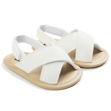Load image into Gallery viewer, A perfect fit for your little one&#39;s feet, our beige white Malta Sandals come in white, brown and black and fit babies and tots from newborn to 18 months. Comfortable and stylish, they&#39;ll be walking in style. Upper Material: PU Leather. Outsole Material: Rubber and Cotton. Heel Type: Flat.
