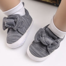 Load image into Gallery viewer, Treat your little one&#39;s feet to these adorable grey bowknot baby shoes! Perfect for ages newborn to 18 months, they add a pop of color to baby’s look with their bright pink or grey hues. Make an impression - get your Bowknot Baby Shoes today!  Upper Material: Cotton   Outsole Material: Cotton Closure Type: Hook &amp; Loop
