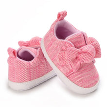 Load image into Gallery viewer, Treat your little one&#39;s feet to these adorable pink bowknot baby shoes! Perfect for ages newborn to 18 months, they add a pop of color to baby’s look with their bright pink or grey hues. Make an impression - get your Bowknot Baby Shoes today!  Upper Material: Cotton   Outsole Material: Cotton Closure Type: Hook &amp; Loop

