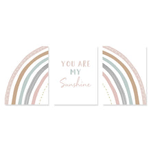 Load image into Gallery viewer, 3-piece set rainbow and you are my sunshine. Bring a pop of color to your child&#39;s bedroom or playroom with our Pastel Rainbow Art on Canvas. Available in various sizes and featuring waterproof ink, this canvas is sure to add a touch of magic to any space. Frame not included. 
