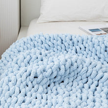 Load image into Gallery viewer, Cozy and perfect for snuggling, this light blue knitted throw blanket will bring warmth and comfort to your kids&#39; bedroom. Its soft, luxurious fabric is sure to create special moments of relaxation and relaxation. Let the chill out!  Size: 50 x 62 inches (130cm x 160cm) Material: High Quality Acrylic Machine wash colors separately wash in cold water, gentle cycle, tumble dry low, low iron. For Kids 7 and Up 
