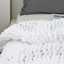 Load image into Gallery viewer, Soft and cozy white knitted blanket for your kid&#39;s bedroom. Size: 50 x 62 inches (130cm x 160cm). Material: 00% high quality acrylic. Machine wash colors separately wash in cold water, gentle cycle, tumble dry low, low iron.
