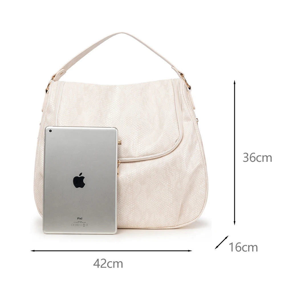 This shoulder diaper bag in beige is the perfect choice for any occasion. Dress up in style why not? Dimensions: 16.53 x 14.17 x 6.29 inches (L x W x D) 42cm x 36cm x 16cm Closure Type: Zipper Main Material: PU Leather  