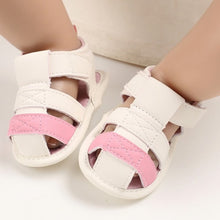 Load image into Gallery viewer, These adorable Summer beige and pink  sandals are designed to keep your little one&#39;s feet cool in the hot summer months! They come in multiple colors and sizes for newborns up to 18 months, so you&#39;ll be sure to find a pair for all your little one&#39;s summer adventures. Cute and comfy - it&#39;s a win-win! Upper Material: PU Leather. Outsole Material: Cotton. Heel Type: Flat.

