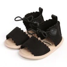 Load image into Gallery viewer, Adorable and stylish, Roma black sandals come in a variety of colors to keep your little one looking adorable. Perfect for newborns and toddlers up to 18 months old, these sandals are sure to complete any outfit.  Upper Material: PU Leather Outsole Material: Cotton Heel Type: Flat 

