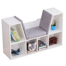 Load image into Gallery viewer, This white and grey reading nook bookcase provides a stylish and functional storage solution while creating a cozy seating area. Crafted from high-quality particle board, this durable piece offers plenty of storage space and a comfortable cushion for a comfortable reading experience. Perfect for both kids and adults, it&#39;s an ideal way to keep books, toys and artworks organized.
