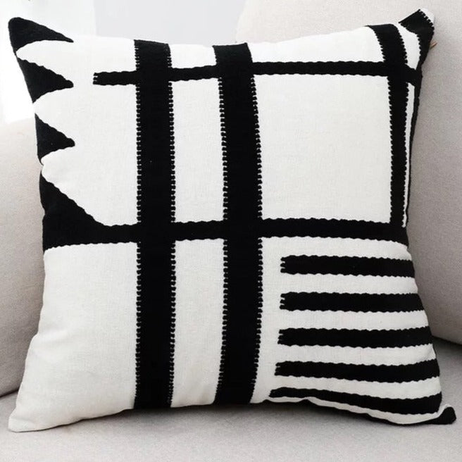 Decorate your children's bedroom with this stylish Geometric pillow cover! It is crafted to be soft and comfortable while being stylish enough to be a great addition to the room. Its embroidered geo pattern adds a touch of sophistication to your nursery or kids' bedroom. Select black or grey for a truly customizable look.   Size: 17.71. x 17.71 inches (45cm x 45cm) Material: Burlap with cotton