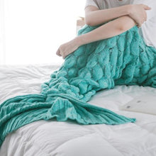 Load image into Gallery viewer, Escape to an underwater adventure with our knitted mermaid blanket – available in multiple colors! Perfect for kids and grown-ups alike, this cool, knitted tail blanket is made with 100% Acrylic and is designed to be anti-pilling. Get ready to dive deep with this cozy, underwater adventure wrap! #DreamOfTheSea   Sizes: 23.62 x 55.11 inches (60cm x 140cm) 35.43 x 76.77 inches (90cm x 195cm)
