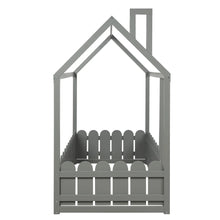 Load image into Gallery viewer, This grey house bed frame with Fence is designed to provide your kids a safe and comfortable nighttime sleep. Constructed with a sturdy pine frame and fence to enclose the bed, it provides a semi-enclosed play place for your kids to enjoy and get a good night’s rest. Twin size, grey wood bed house is ideal for any child&#39;s bedroom.
