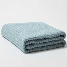 Load image into Gallery viewer, Bring the warmth of cozy comfort into your kid&#39;s bedroom with this soft, ocean blue knitted throw blanket! Crafted from light weight material, your little one can snuggle up in luxurious softness for a better night&#39;s sleep.  Size: 50 x 62 inches (127cm x 157cm) Material: 100% High Quality Acrylic Machine Wash: Color separate in a gentle cold water cycle. Tumble dry low, Low iron.
