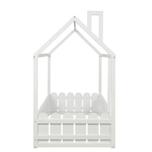 Load image into Gallery viewer, The white house bed frame is the perfect solution for a child&#39;s bedroom. Crafted from sturdy pine wood, it provides a secure and semi-enclosed space to play and sleep. The fence offers extra privacy and protection, allowing kids to enjoy the comfort of a safe and secure bed. The solid construction ensures long-lasting durability and stability.
