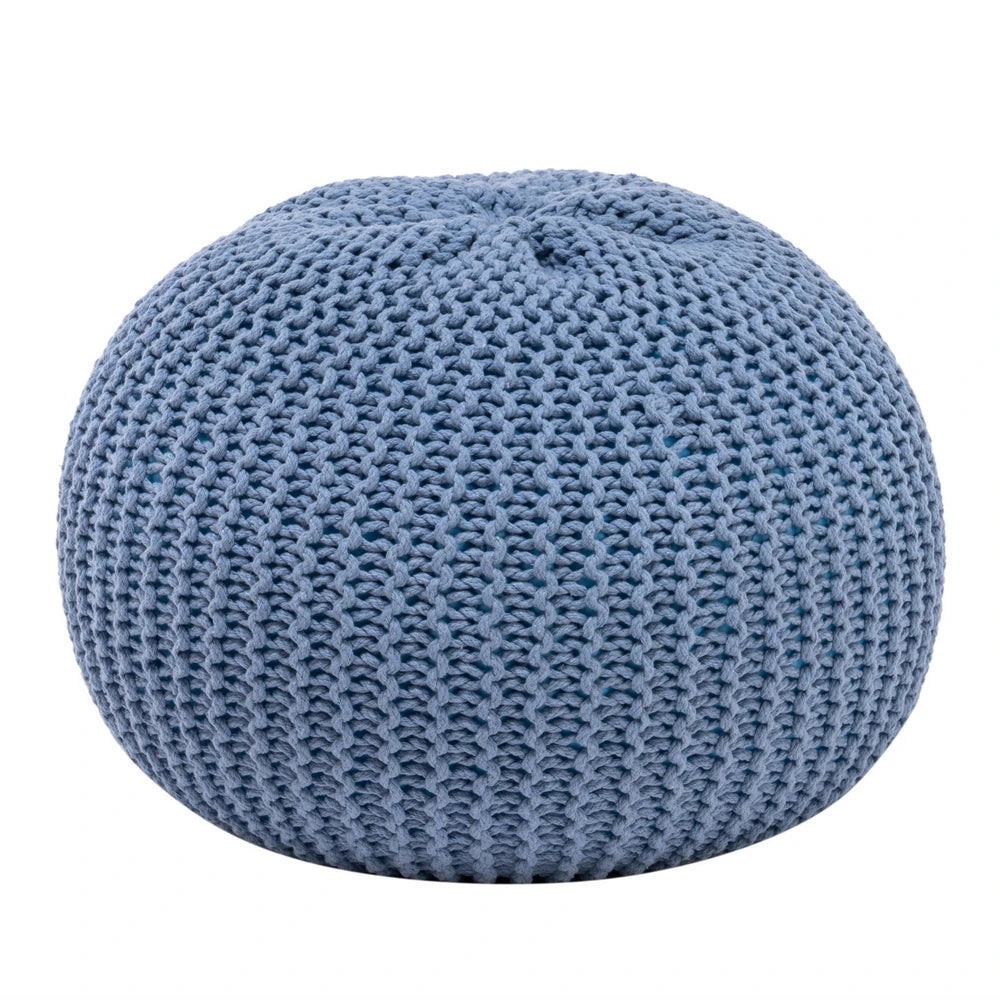 This hand-woven footstool offers an inviting place to sit and relax. It's crafted with 100% wool yarn, making it durable and comfortable. Its soft blue hue adds a splash of color to any room, while its light and airy design is perfect for kids.