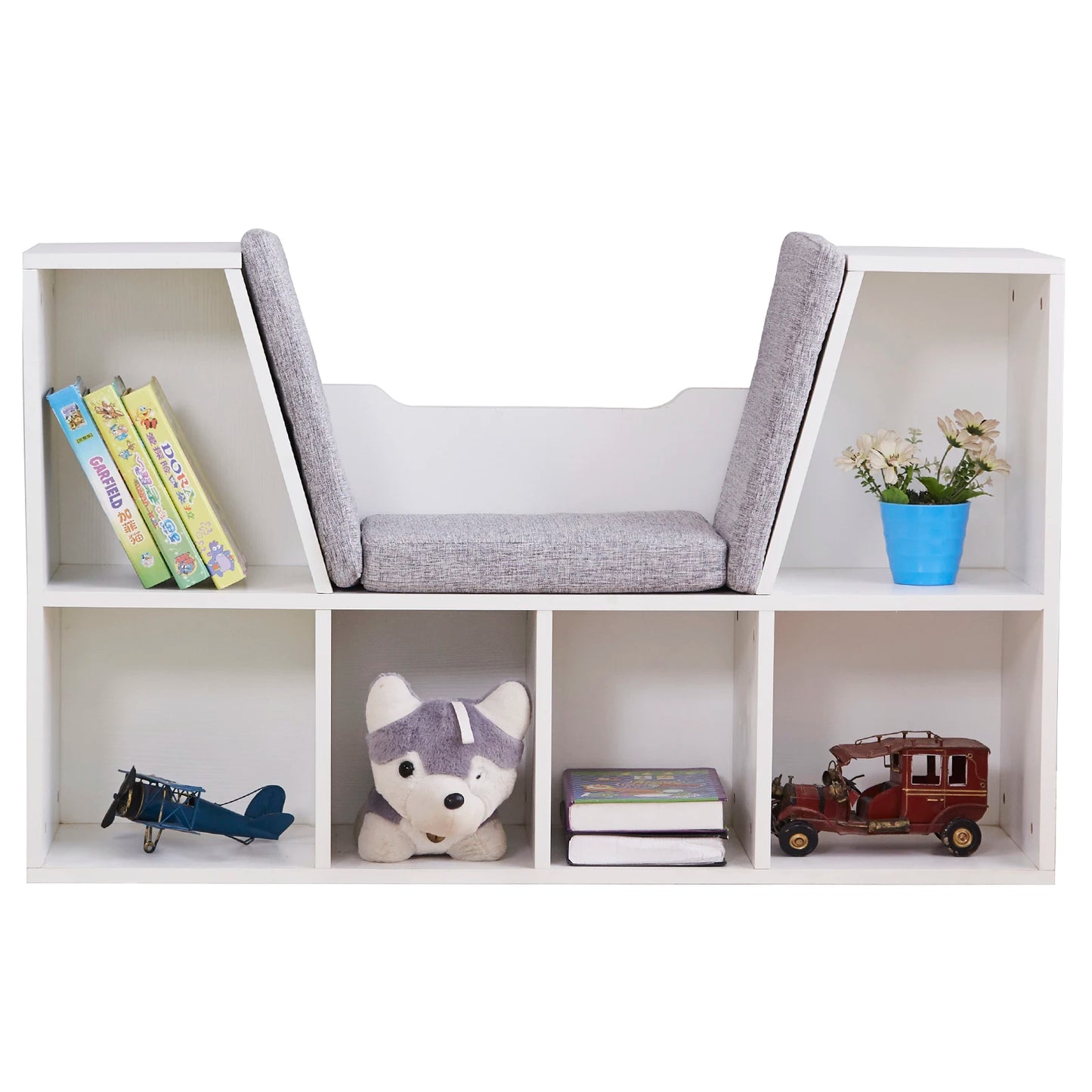 This white and grey reading nook bookcase provides a stylish and functional storage solution while creating a cozy seating area. Crafted from high-quality particle board, this durable piece offers plenty of storage space and a comfortable cushion for a comfortable reading experience. Perfect for both kids and adults, it's an ideal way to keep books, toys and artworks organized.