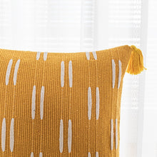 Load image into Gallery viewer, Bring a touch of sophisticated style to your little one&#39;s bedroom with this soft, cozy yellow tassel pillow cover! Embroidered with a custom pattern, it will make a timeless addition to any nursery or kid’s room. Pick your perfect square or rectangular shape for a truly tailored look.  Size: 17.71. x 17.71 inches (45cm x 45cm) Size: 11.81 x 19.68 inches (30cm x 50cm) Material: Cotton Technics: Woven
