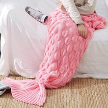 Load image into Gallery viewer, Escape to an underwater adventure with our knitted mermaid blanket – available in multiple colors! Perfect for kids and grown-ups alike, this cool, knitted tail blanket is made with 100% Acrylic and is designed to be anti-pilling. Get ready to dive deep with this cozy, underwater adventure wrap! #DreamOfTheSea   Sizes: 23.62 x 55.11 inches (60cm x 140cm) 35.43 x 76.77 inches (90cm x 195cm)
