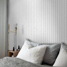 Load image into Gallery viewer, This herringbone wallpaper is the perfect way to add a touch of modern style and comfort to your kid&#39;s bedroom. Available in grey/white and black/white, the waterproof and formaldehyde-free vinyl material is easy to install, and fireproof, mildew-resistant and moisture-proof for lasting durability. Transform any bedroom with this stylish, practical wallpaper!
