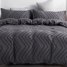 Load image into Gallery viewer, This sleek, low-maintenance grey geometric bedding set is a perfect addition to your child&#39;s bedroom. It includes one duvet cover and two pillow cases, with the option to measure and match your existing duvet cover for the perfect fit. Made of 100% linen, this set does not include duvet and pillow inserts, allowing for complete customization. Experience the luxurious feel of linen with this stylish and practical bedding set.
