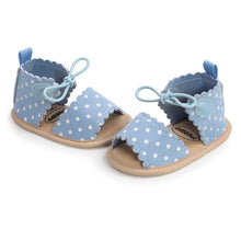 Load image into Gallery viewer, Adorable and stylish, Roma blue-polka-dot Sandals come in a variety of colors to keep your little one looking adorable. Perfect for newborns and toddlers up to 18 months old, these sandals are sure to complete any outfit. Upper Material: PU Leather Outsole Material: Cotton Heel Type: Flat
