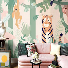 Load image into Gallery viewer, Transform your teen&#39;s bedroom into a unique and inspiring space with this cool jungle mural. Crafted with extra-thick paint that won&#39;t suffer damage from static, water, mold, or fire, the natural, formaldehyde-free design is safe and environmentally friendly. Install in a few easy steps with wallpaper glue-paste (not included).
