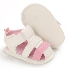 Load image into Gallery viewer, These adorable Summer beige and pink sandals are designed to keep your little one&#39;s feet cool in the hot summer months! They come in multiple colors and sizes for newborns up to 18 months, so you&#39;ll be sure to find a pair for all your little one&#39;s summer adventures. Cute and comfy - it&#39;s a win-win! Upper Material: PU Leather. Outsole Material: Cotton. Heel Type: Flat.
