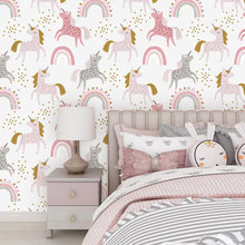 Load image into Gallery viewer, Transform your child&#39;s room into a magical wonderland with this adorable pink unicorn wallpaper! Self-adhesive and waterproof, this formaldehyde-free vinyl wallpaper is incredibly easy to install and will stand the test of time. Just peel and stick to bring a captivating atmosphere to your home!
