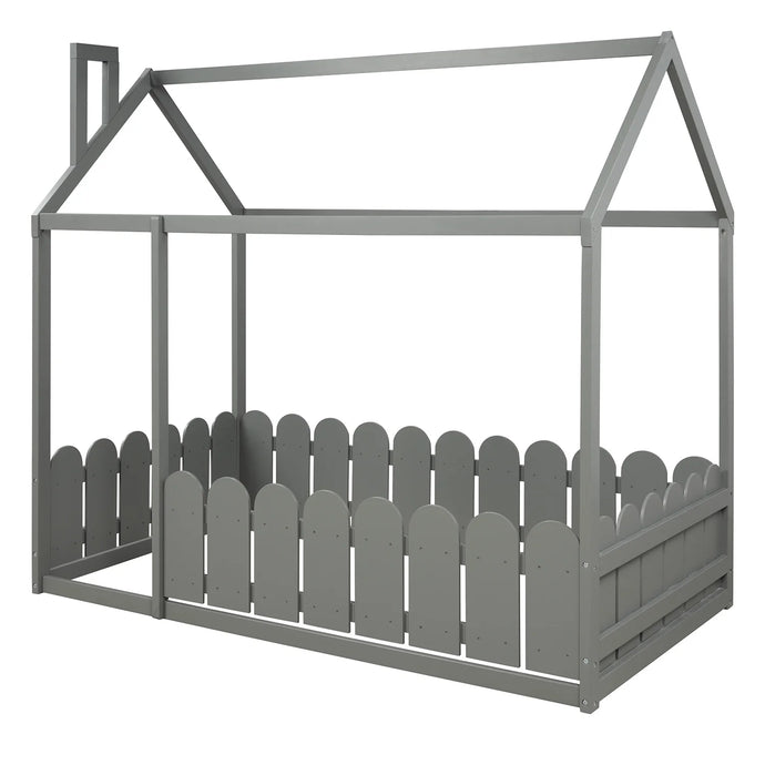 This grey house bed frame with Fence is designed to provide your kids a safe and comfortable nighttime sleep. Constructed with a sturdy pine frame and fence to enclose the bed, it provides a semi-enclosed play place for your kids to enjoy and get a good night’s rest. Twin size, grey wood bed house is ideal for any child's bedroom.
