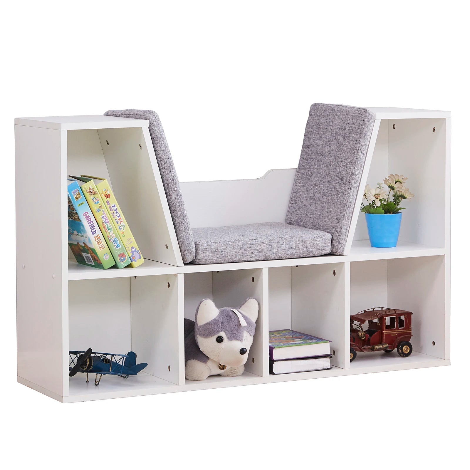 This white and grey reading nook bookcase provides a stylish and functional storage solution while creating a cozy seating area. Crafted from high-quality particle board, this durable piece offers plenty of storage space and a comfortable cushion for a comfortable reading experience. Perfect for both kids and adults, it's an ideal way to keep books, toys and artworks organized.