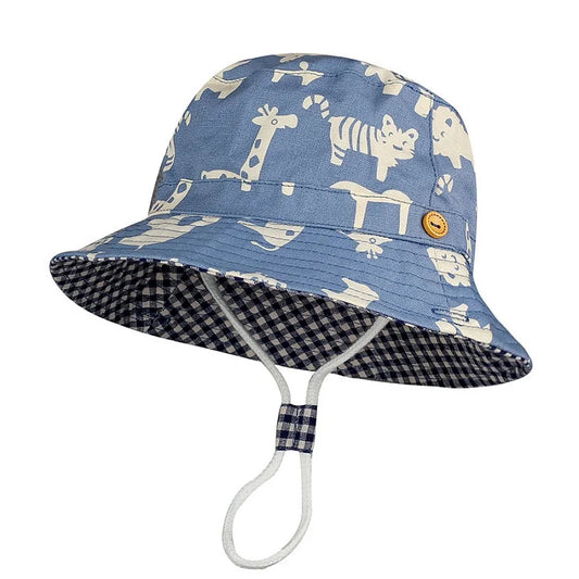 This bucket hat features a charming blue animal pattern that will make your little one stand out in style. Perfect for babies, toddlers, and kids ages 6 months to 6 years.