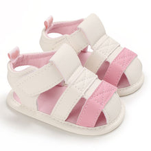 Load image into Gallery viewer, These adorable Summer beige and pink sandals are designed to keep your little one&#39;s feet cool in the hot summer months! They come in multiple colors and sizes for newborns up to 18 months, so you&#39;ll be sure to find a pair for all your little one&#39;s summer adventures. Cute and comfy - it&#39;s a win-win! Upper Material: PU Leather. Outsole Material: Cotton. Heel Type: Flat.
