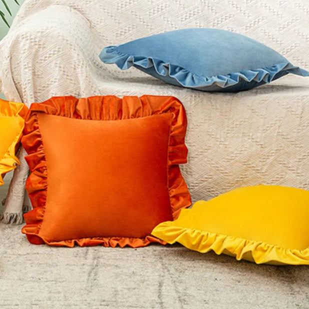 Elevate your child's bedroom or playroom with a one-of-a-kind infusion of modern, vibrant decoration using this orange ruffled throw pillow cover. Crafted from luxurious velvet, this decorative accent provides ultimate comfort and adds a chic touch to any room. Enhance your space with this exceptional accessory.