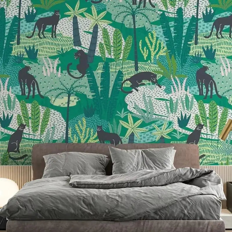 Experience the transformation of your child's bedroom or playroom with our mesmerizing green and panther in the jungle wallpaper. Enhance the functionality and durability of the space with this unique addition that is sure to inspire and delight.