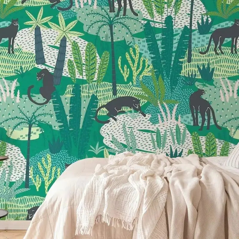 Experience the transformation of your child's bedroom or playroom with our mesmerizing green and panther in the jungle wallpaper. Enhance the functionality and durability of the space with this unique addition that is sure to inspire and delight.