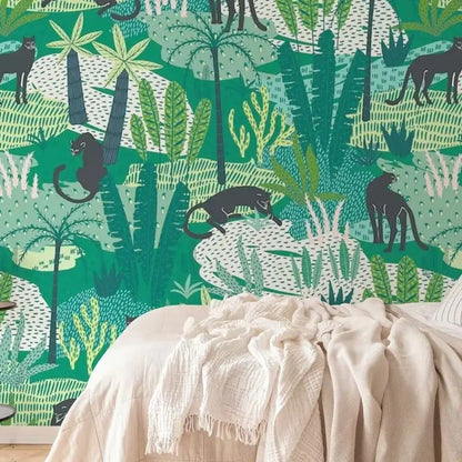 Experience the transformation of your child's bedroom or playroom with our mesmerizing green and panther in the jungle wallpaper. Enhance the functionality and durability of the space with this unique addition that is sure to inspire and delight.