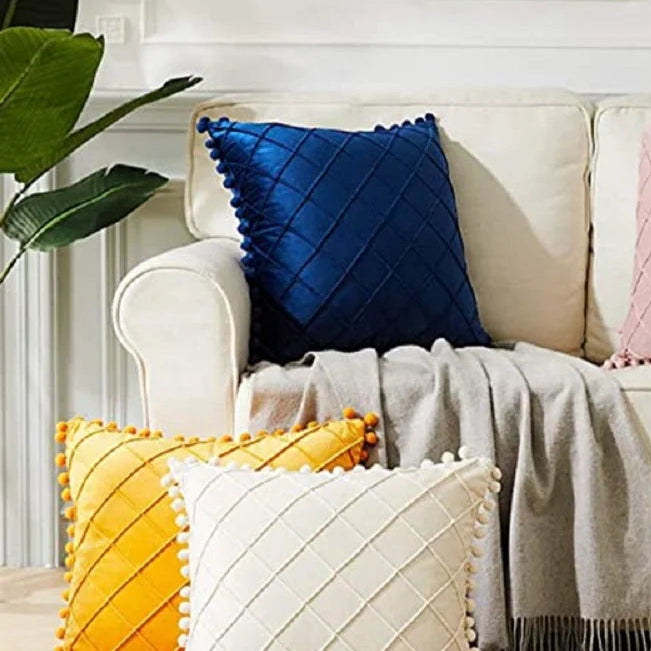 Transform your child's bedroom or playroom into a stylish and modern space with the Dark blue Pompom Pillow Cover. Made from a soft faux velvet material on both sides, this decorative throw pillow cover provides the perfect combination of comfort and luxury. Add a unique touch to any room with this must-have accent piece.