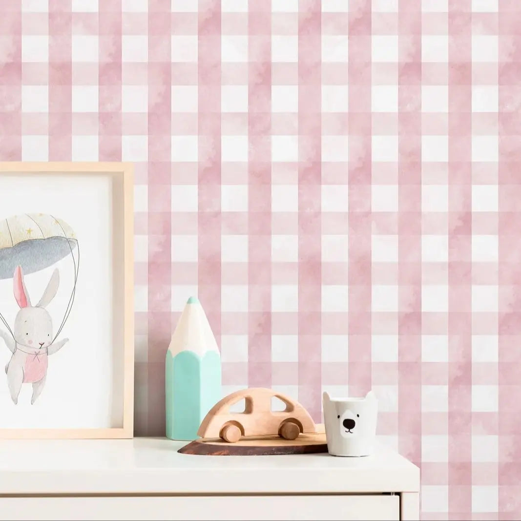 Enhance your child's bedroom or playroom with the beautiful pink Gingham wallpaper. This unique addition will transform the space into a durable and functional area, providing inspiration and delight.