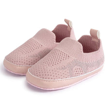 Load image into Gallery viewer, Easily breathable and featherlight infant shoes in shades of pink, white, and grey; perfect for newborns up to 18 months of age.
