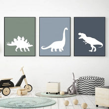 Load image into Gallery viewer, Transform your child&#39;s bedroom or playroom with our sensational Dinosaur Art on Canvas! Choose from a range of sizes to perfectly fit any space. Please note, frame is not included. Our waterproof ink and spray painting technics ensure a long-lasting and vibrant piece of art. All artworks are carefully shipped in a tube for convenience and protection.
