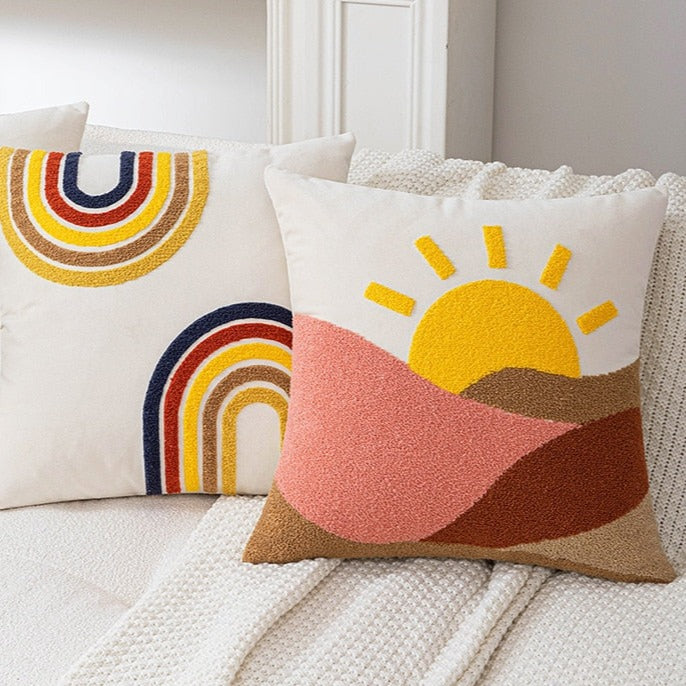 Bring a touch of sunshine to your little one's bedroom with this beautiful embroidered pillow cover! Soft and comfortable to the touch, this stylish pillow case features an embroidered pattern of a sunrise to add a touch of happy magic to the room. The perfect way to brighten any space!