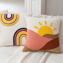 Load image into Gallery viewer, Bring a touch of sunshine to your little one&#39;s bedroom with this beautiful embroidered pillow cover! Soft and comfortable to the touch, this stylish pillow case features an embroidered pattern of a sunrise to add a touch of happy magic to the room. The perfect way to brighten any space!
