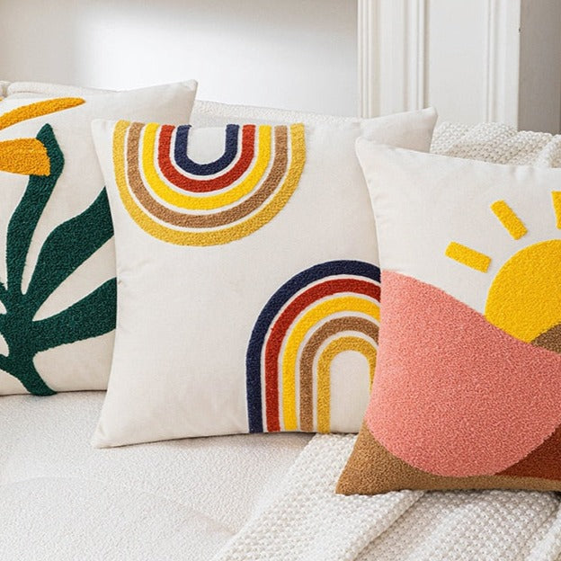 Decorate your children's bedroom with this stylish embroidered rainbow pillow cover! It is crafted to be soft and comfortable while being stylish enough to be a great addition to the room. Its embroidered pattern adds a touch of hapiness to your nursery or kids' bedroom.   Size: 17.71. x 17.71 inches (45 x 45cm) Material: Cotton and Polyester Technics: Woven Open: Zipper Method: Cold water washed by hand Pillow insert (Filling) not included Package included: 1 pillow case