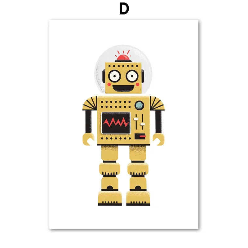 Spruce up your little one's bedroom or playroom with some groovy robot-themed canvas wall art! Multiple sizes available to suit your space, frame not included. "It's time to give your child's room a tech-savvy makeover! These funky robot designs will add a playful touch to any bedroom or playroom. Mix and match sizes to fit your unique space (frames not included, but your child's imagination is!)."