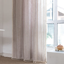 Load image into Gallery viewer, Transform any room in your home with this striped beige tassel curtain panel(1) in grey, pink, blue or taupe! Woven from linen, this one-of-a-kind curtain adds texture and depth with its stunning tassel pattern. Choose between a grommet, pull pleated or hook hanging application for easy setup. Experience its beauty and add a unique twist to your decor now! Machine washable. 
