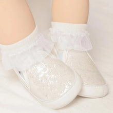 Load image into Gallery viewer, Not only will your little angel look fashionable in these stylish gold, silver and white baby loafers, but they will also stay safe and comfortable with their anti-slip, soft-sole design. Perfect for newborns up to 18 months, these shoes are easy to put on and take off, making your life as a busy parent a little easier. Provide your child with both fashion and function with our sparkling loafers in multiple colors and sizes.
