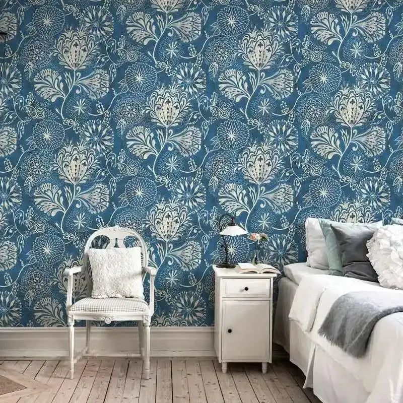 Experience the magic of our teal blue vintage flower wallpaper in your children's bedroom or playroom. Waterproof, moisture-proof, mold-proof, and sound-absorbing for a durable and functional addition to any space!