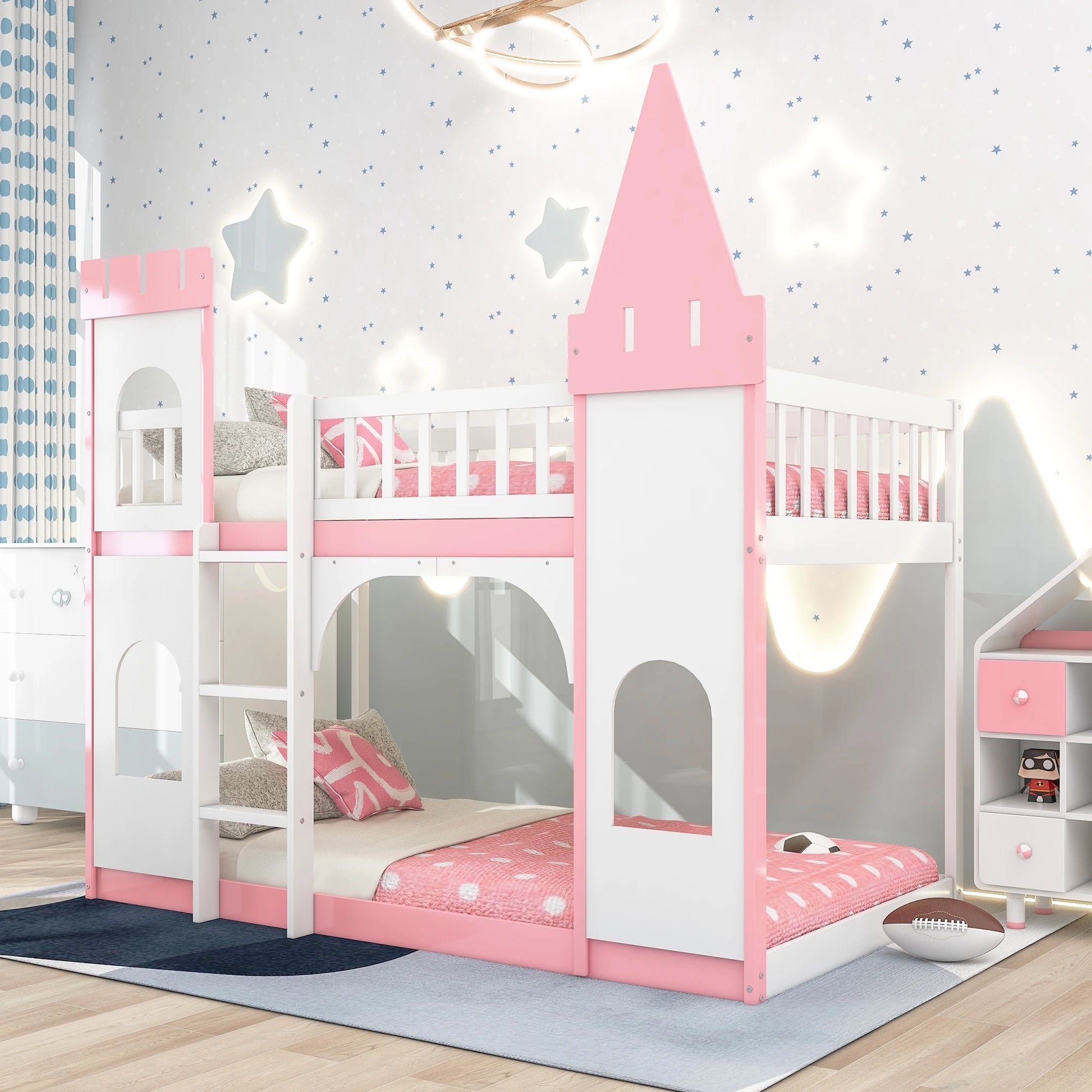 This pink castle bed is perfect for up-leveling your child's bedroom. Its delicate and gorgeous pattern design adds an artistic atmosphere to your home while providing a fun and safe environment for your child to explore their imagination. This bunk bed has guardrails and a safe ladder, so your little one can easily get in and out of bed.