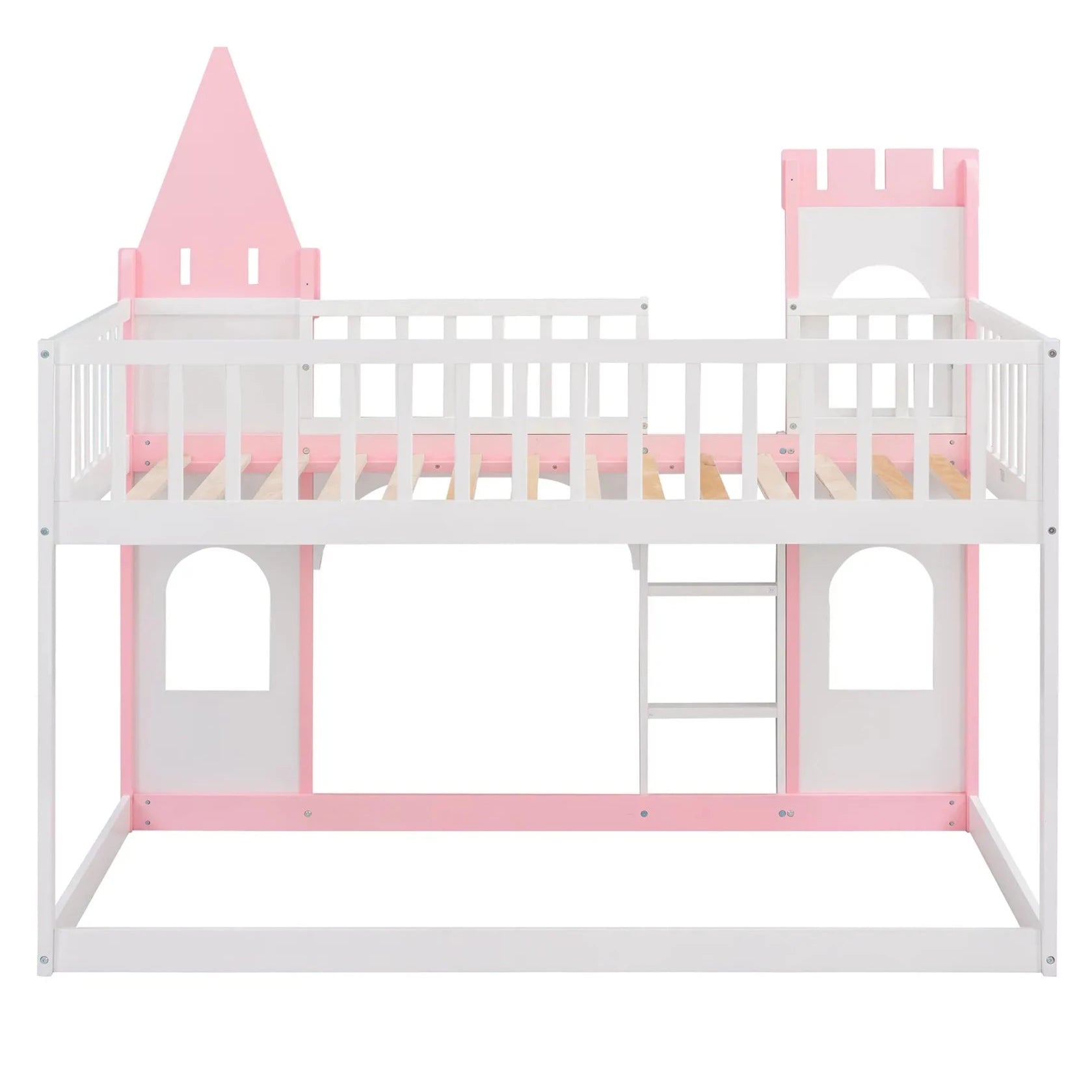 This pink castle bed is perfect for up-leveling your child's bedroom. Its delicate and gorgeous pattern design adds an artistic atmosphere to your home while providing a fun and safe environment for your child to explore their imagination. This bunk bed has guardrails and a safe ladder, so your little one can easily get in and out of bed.