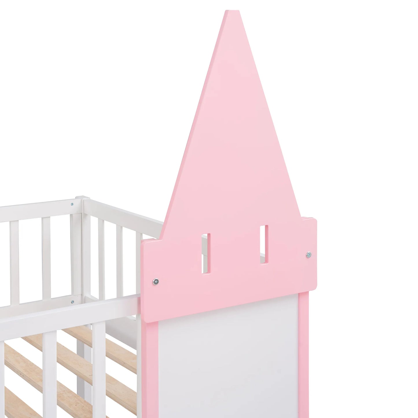 This pink castle bed is perfect for up-leveling your child's bedroom. Its delicate and gorgeous pattern design adds an artistic atmosphere to your home while providing a fun and safe environment for your child to explore their imagination. This bunk bed has guardrails and a safe ladder, so your little one can easily get in and out of bed.